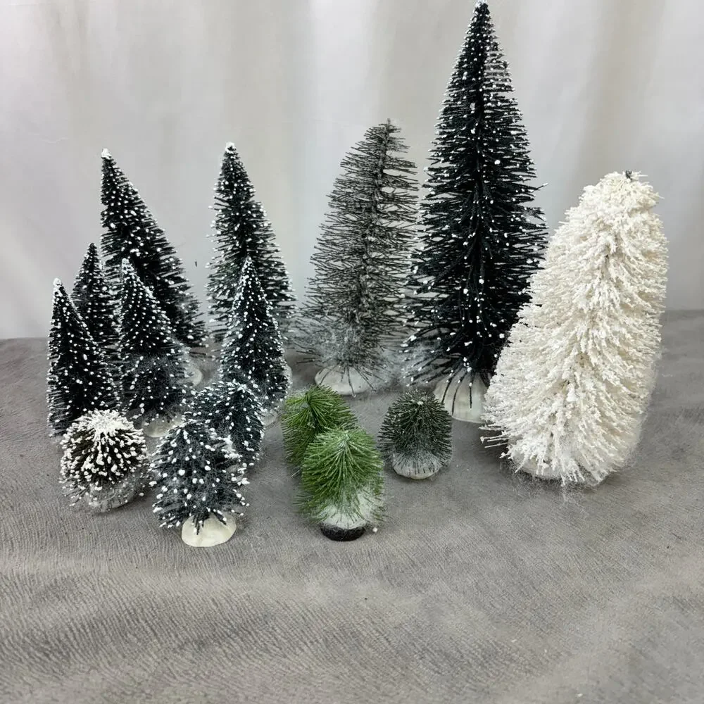 Evergreen Bottle Brush Trees Shrubs Greenery Lot of 15 Christmas Village Snowy
